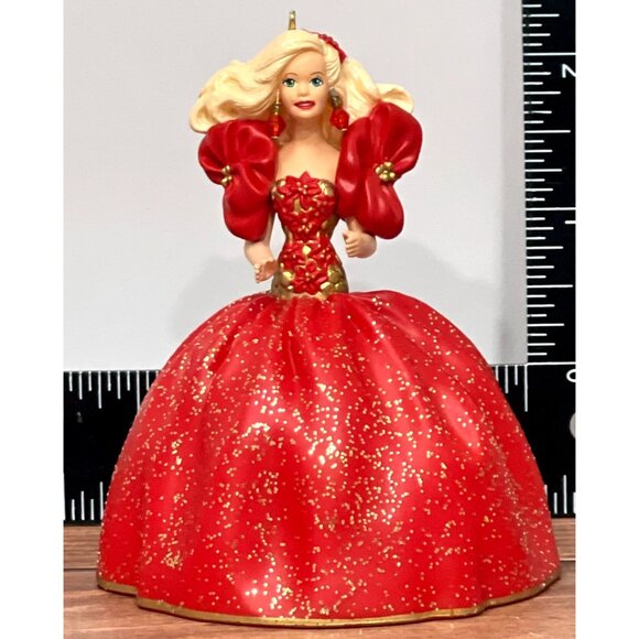 1993 HALLMARK KEEPSAKE HOLIDAY BARBIE ORNAMENT QX572-5 mattel RED DRESS BLONDE - Picture 4 of 9